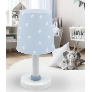 Blaue Dalber Tischlampe Stern mit weißen Sternen auf dem Schirm, weißem Fuß und blauem Akzent. Perfekt als Nachttischlampe für Kinderzimmer.