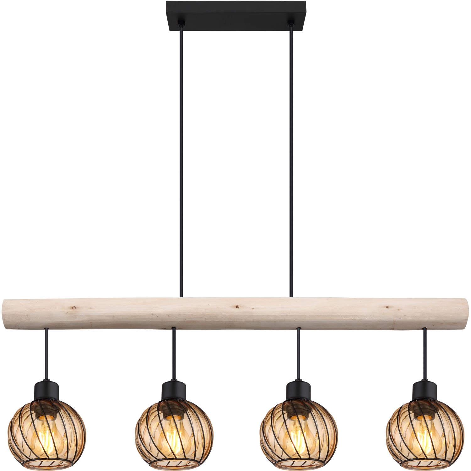 Schwarze, 4-flammige Globo Pendelleuchte Paulo mit Holz und amberfarbenen Glasschirmen.