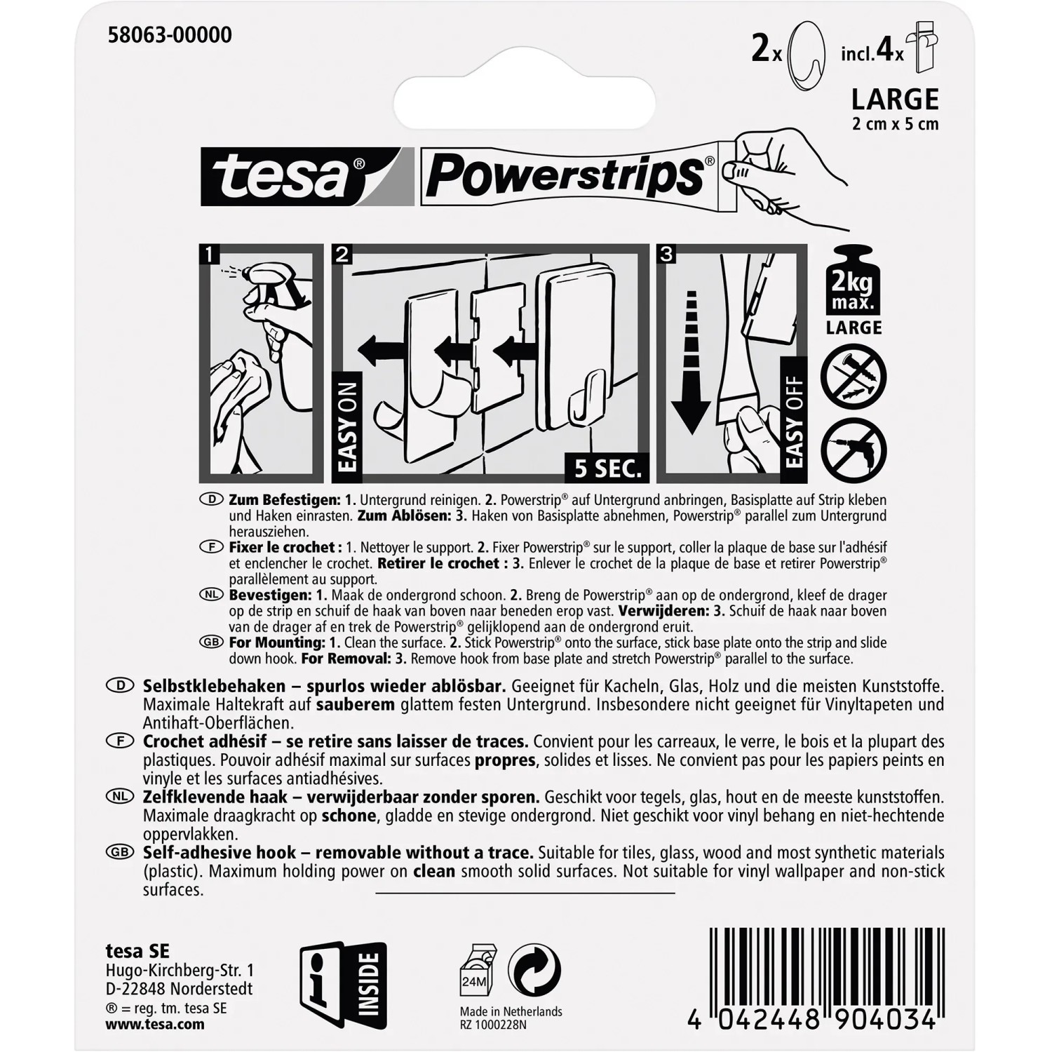 Tesa Klebehaken Chrom matt oval, 2 Stück mit 4 Powerstrips Large. Hält bis zu 2 kg.
