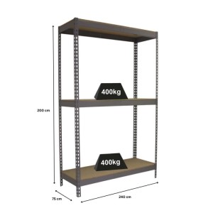 Graues PROREGAL Schwerlastregal Wood Beast mit 3 Ebenen, 200x240x75 cm, Fachlast 400 kg.