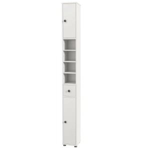 Schmaler weißer Badezimmerschrank mit 2 Türen, 1 Schublade und offenen Regalfächern für Stauraum.
