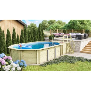 Karibu Holzpool Set mit Sonnenterrasse und Eckterrasse im Garten.