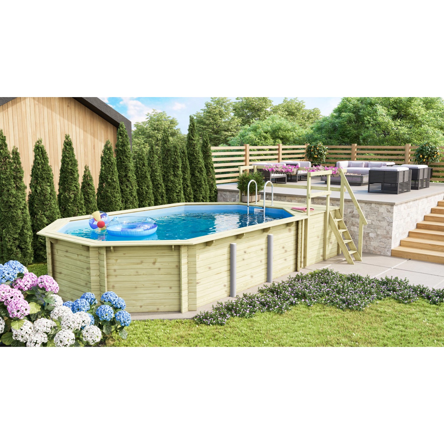 Karibu Pool 4 Set KDI mit Sonnenterrasse B und Eckterrasse