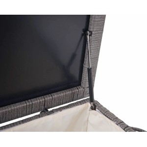 Geöffnete graue Poly-Rattan Kissenbox Premium, 250l, mit Hydraulik und Innenbezug.