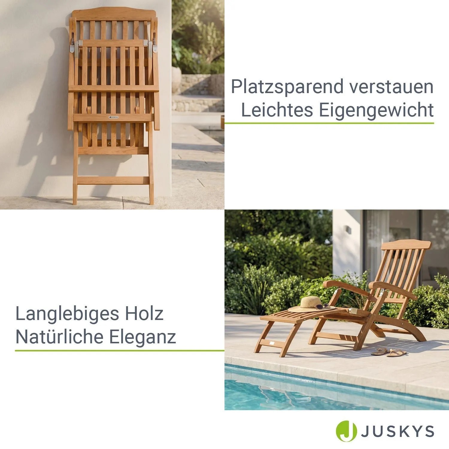 Juskys Akazienholz Sonnenliege Evia, klappbar und mit Fußstütze, für Garten und Balkon.