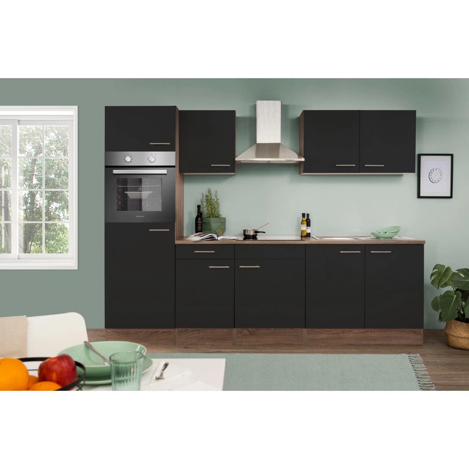 Respekta Küchenzeile/Küchenblock KB270EYS 270 cm Schwarz Seidengl.-Eiche York Nachbildung