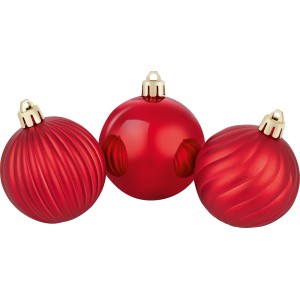 Drei rote Weihnachtskugeln, teils glatt, teils mit Rillenmuster, für festliche Deko.