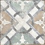 Dekorative, matte Bodenfliese aus Feinsteinzeug, 20x20 cm, mit Muster in Beige, Grau und Grün.