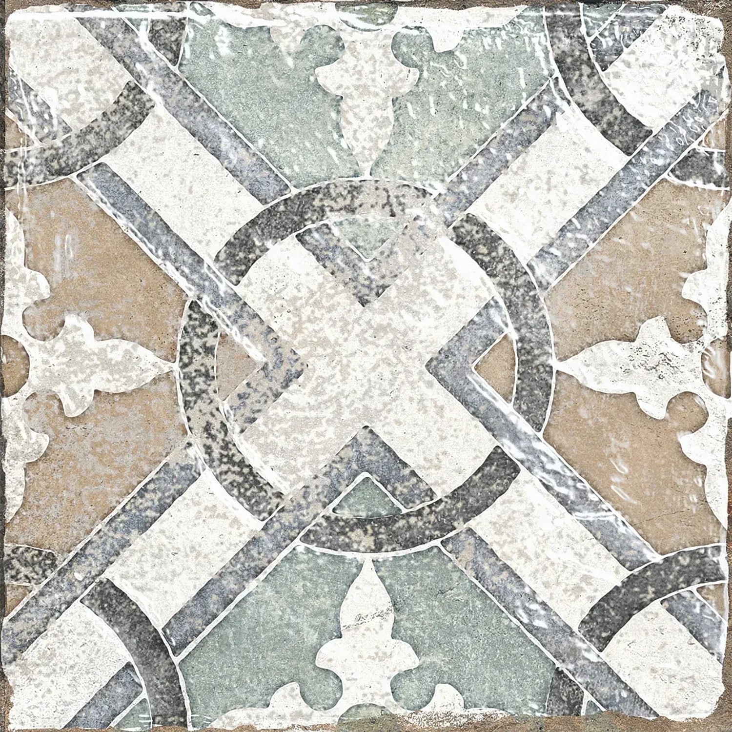 Dekorative, matte Bodenfliese aus Feinsteinzeug, 20x20 cm, mit Muster in Beige, Grau und Grün.