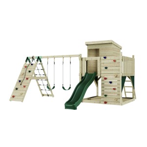 PolarPlay Spielturm Frida mit Schaukel, Rutsche und Kletterwand. Dunkelgrün, aus Holz.