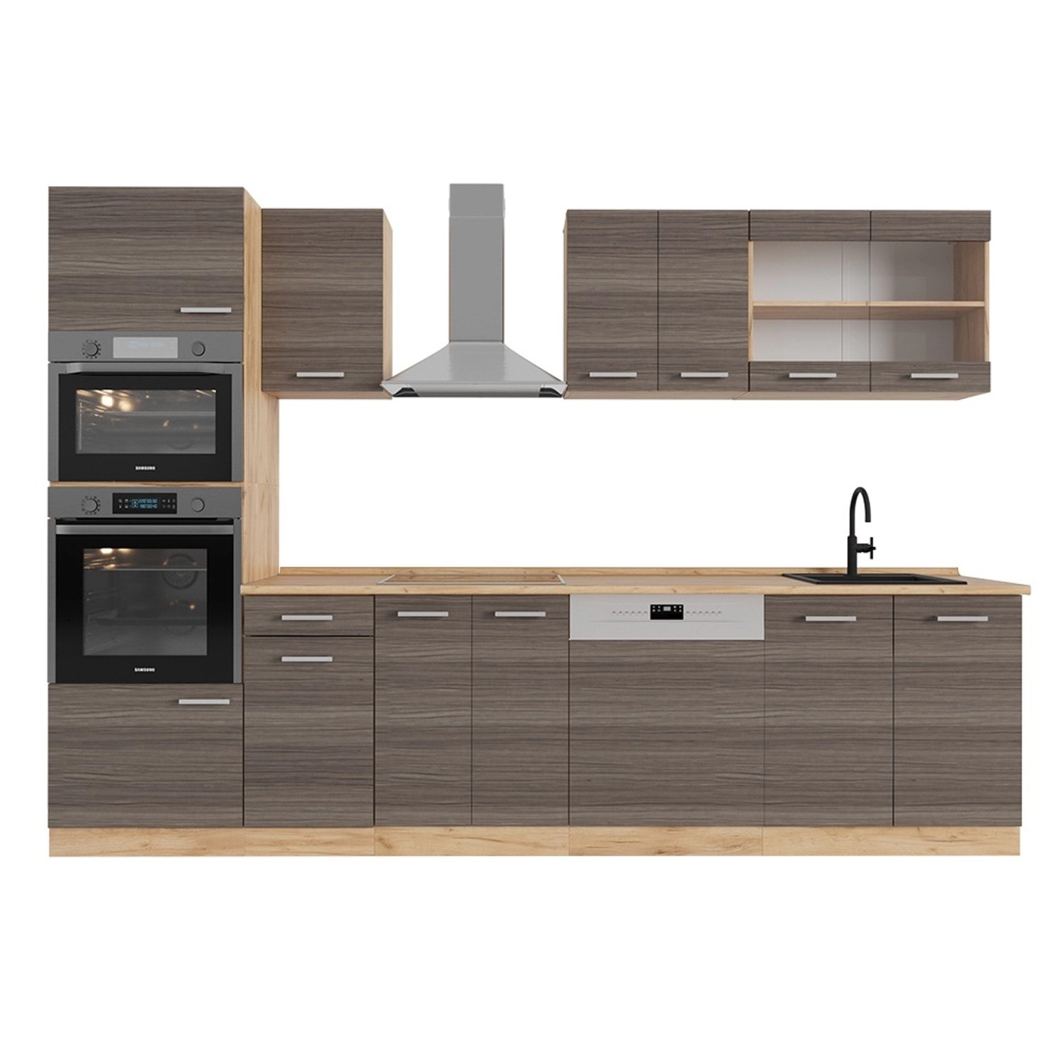 Vicco R-Line Küchenzeile Edelgrau/Goldkraft Eiche 300 cm mit Hochschrankohn günstig online kaufen