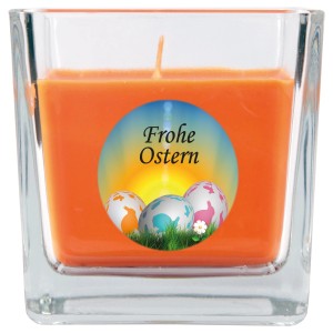 HS Candle Duftkerze Frohe Ostern im Glas, viereckig, Honigmelone, mit Ostereier-Motiv.