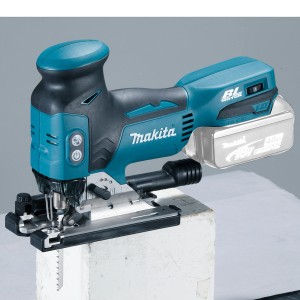 Makita Akku-Pendelhub-Stichsäge mit blau-schwarzem Gehäuse und Akku.