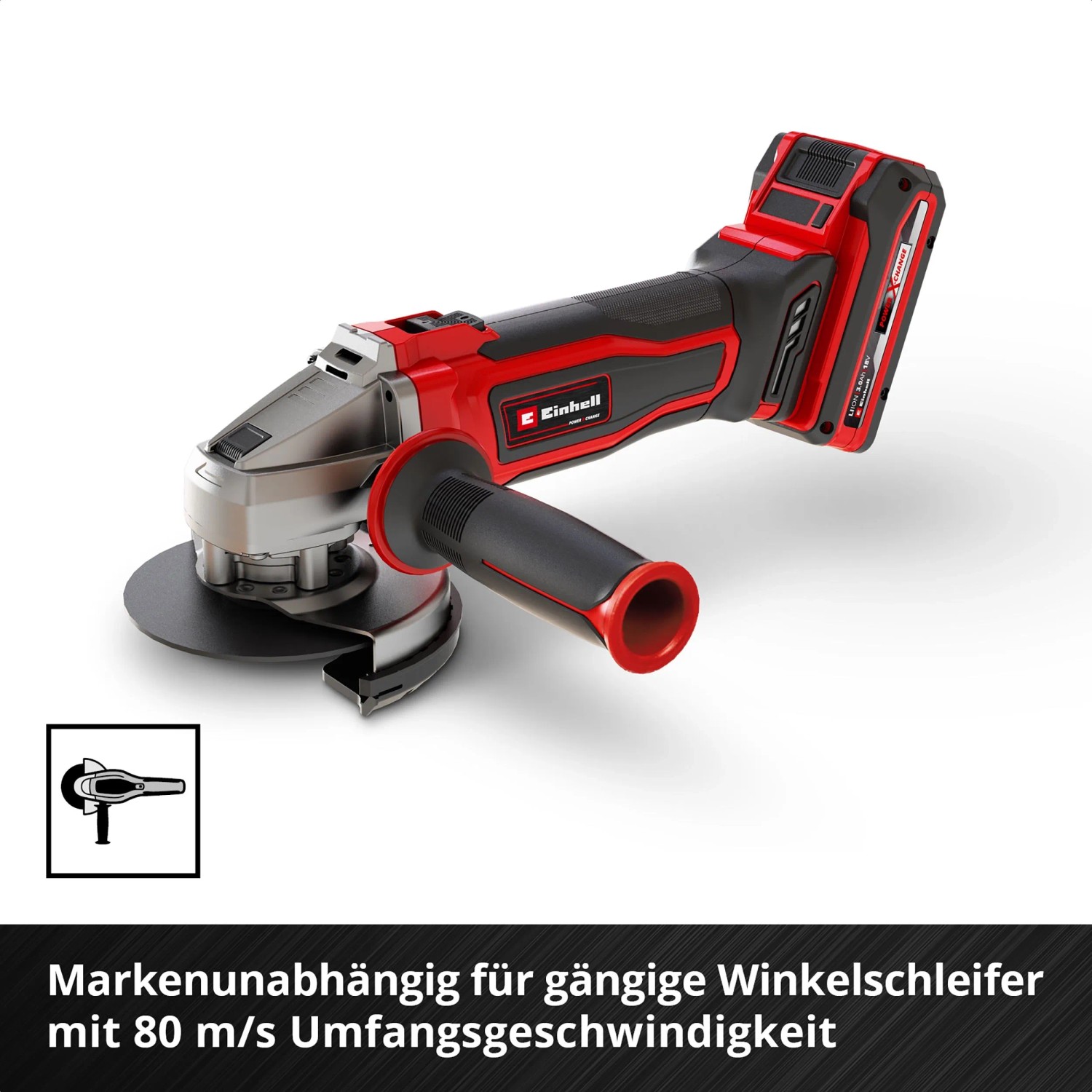 Einhell Akku-Winkelschleifer mit Dünntrennscheibe für Metallarbeiten. Schneidgerät in Rot/Schwarz.