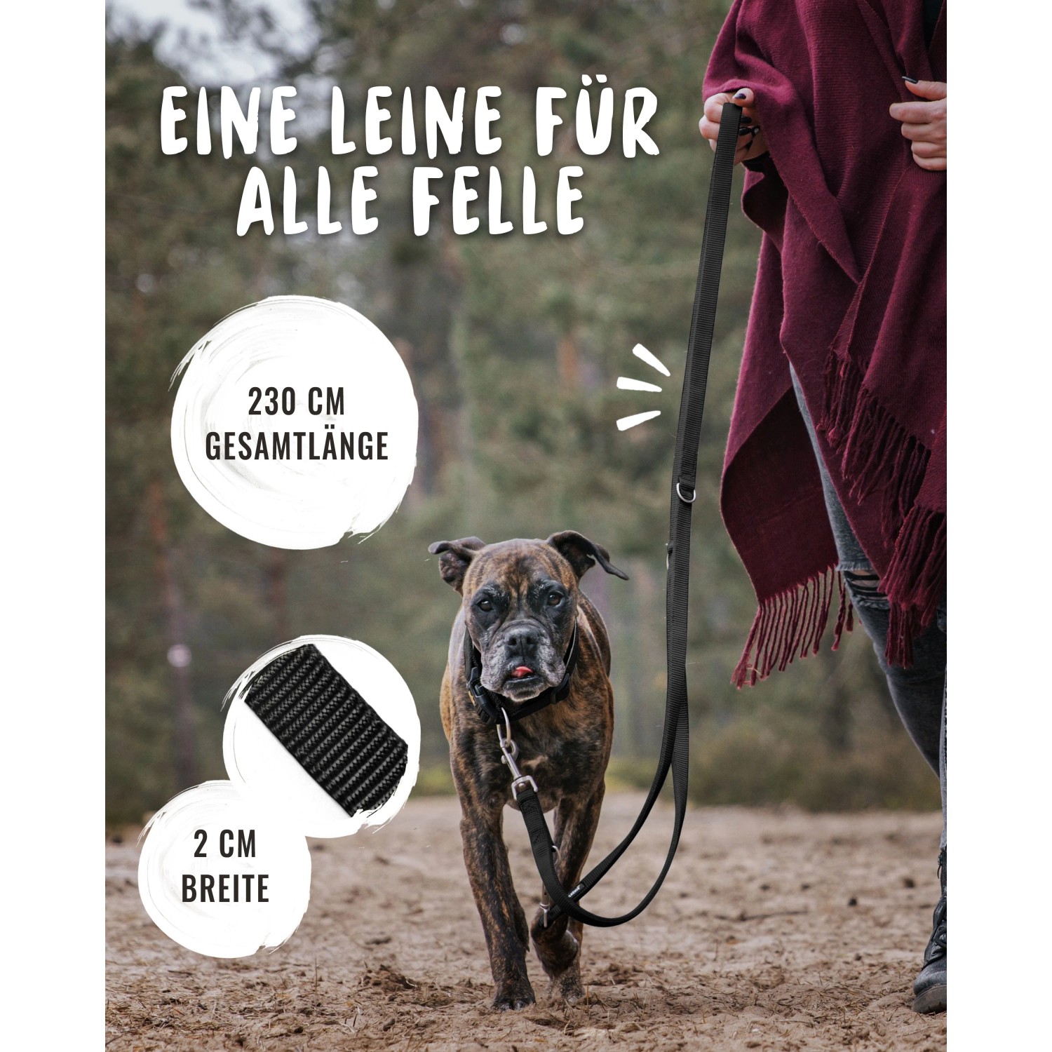 Schwarze Rudelkönig Hundeleine Frida mit Hund. Verstellbare Führleine aus Nylon, 230 cm lang.