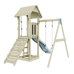 PolarPlay Kinderschaukel Göteborg Eisblau mit Turm, Rutsche und Schaukel aus Holz.