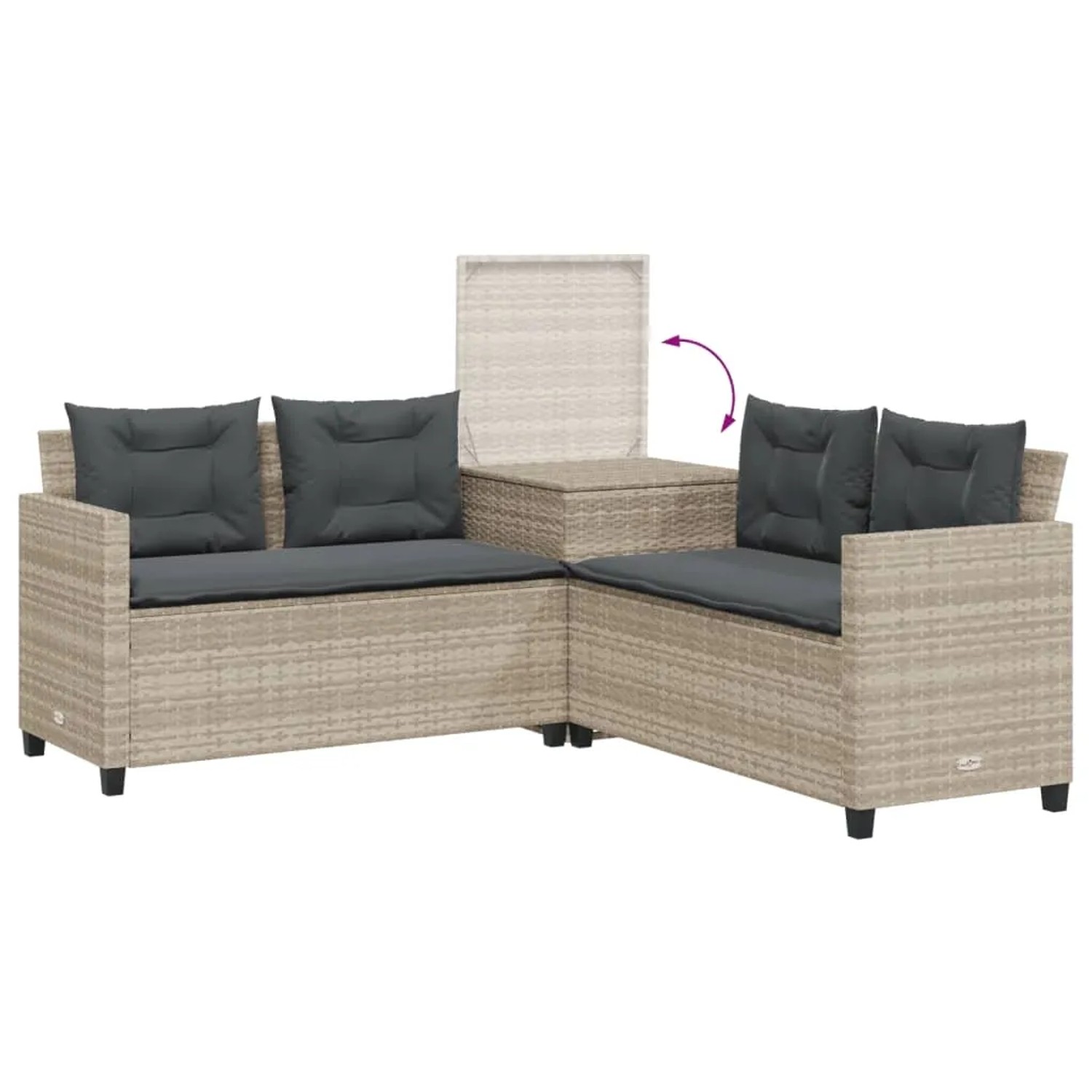 Hellgraues vidaXL Gartensofa in L-Form mit Tisch, Kissen und Stauraum.