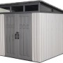 Lifetime Gerätehaus Merkur, dunkelgraues Kunststoff-Gartenhaus mit Doppeltür und Oberlicht.