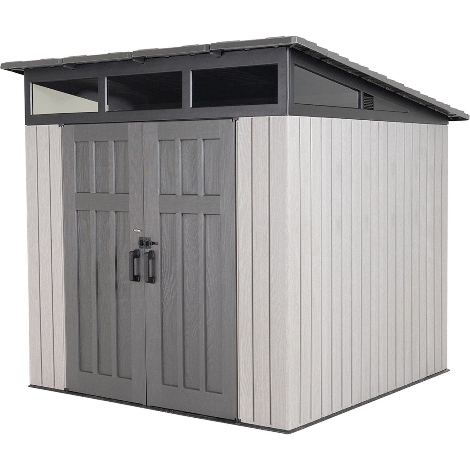 Lifetime Gerätehaus Merkur, dunkelgraues Kunststoff-Gartenhaus mit Doppeltür und Oberlicht.