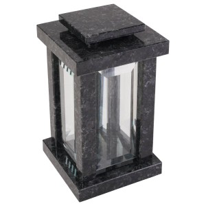 Viereckige KOKA Grablampe aus poliertem Nero Angola Granit mit Glasfenstern. Robuster Grabschmuck für Grabkerzen.