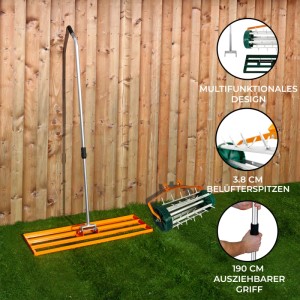 Monstershop Rasenrakel und Rollrasenlüfter: Orangefarbener Rasenverteiler und grüner Rasenbelüfter mit Stachelwalze.
