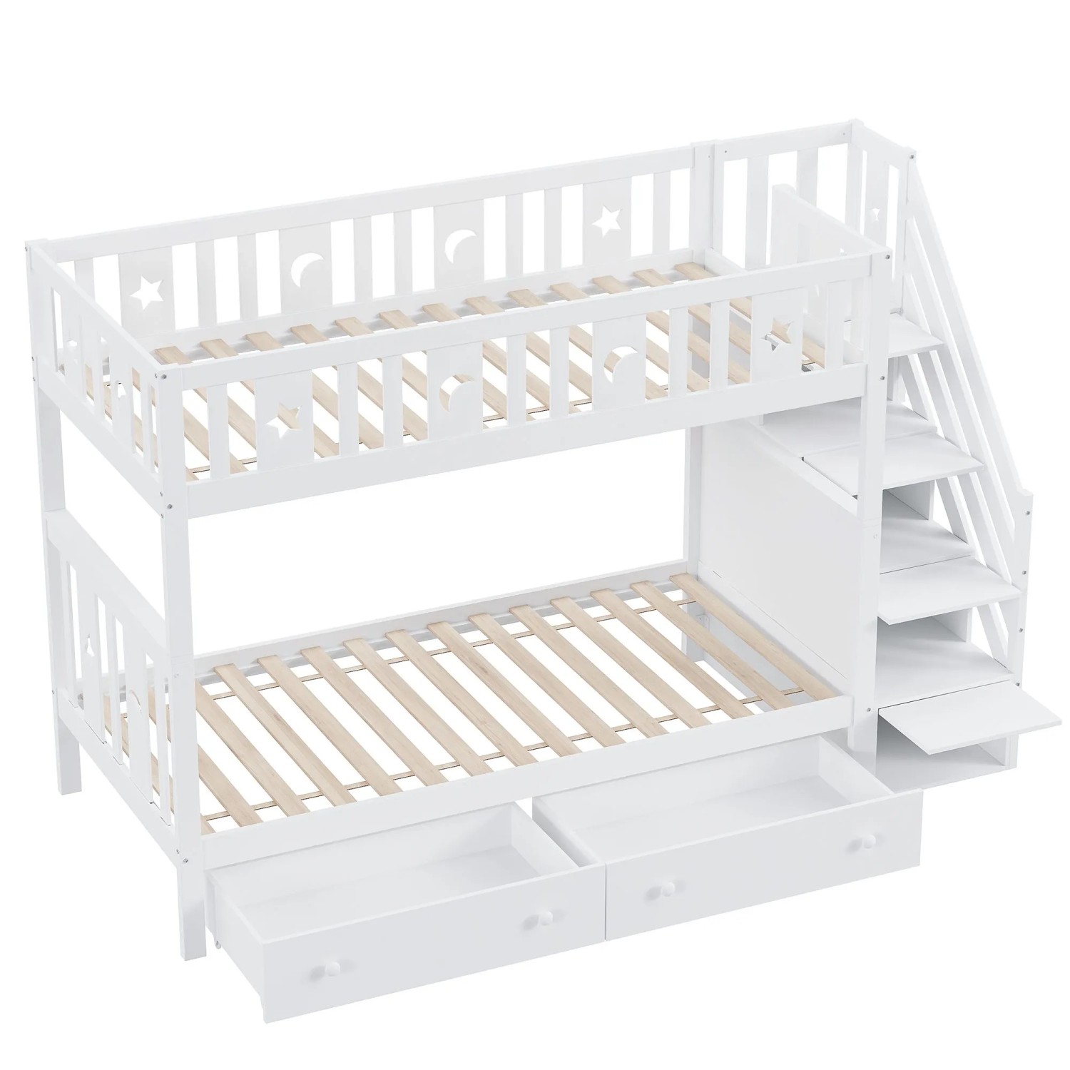 okwish Etagenbett 90x200cm mit Sicherheitstreppe und Schubladen Kinderzimmer Weiß ohne Matratze