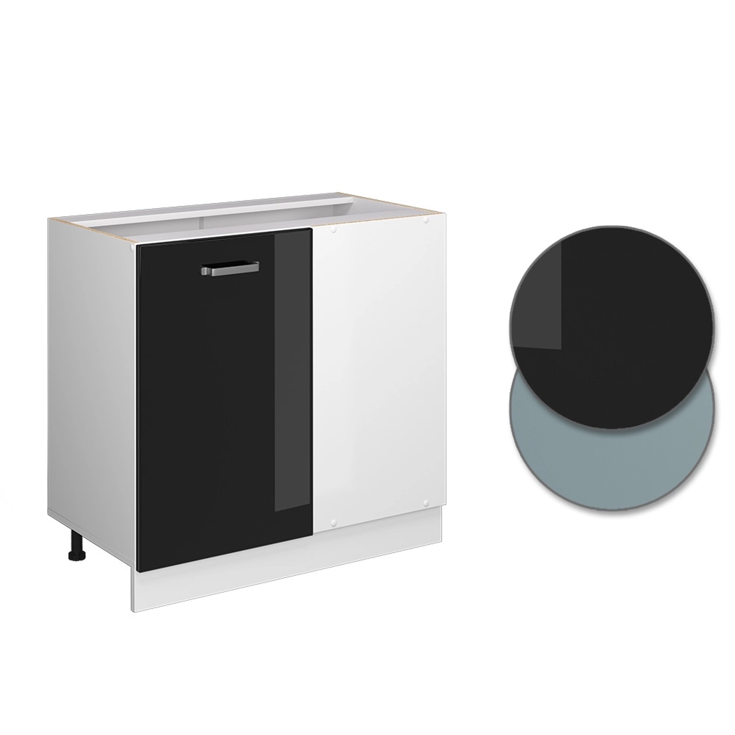 Vicco Eckunterschrank R-Line, Schwarz Hochglanz/Weiß mit AP Eiche, 86 cm. Küchen Eckschrank für mehr Stauraum.