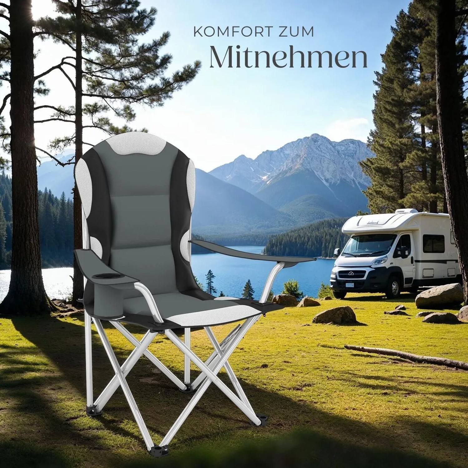 Grauer Tectake Campingstuhl, faltbar und gepolstert, mit Getränkehalter vor Naturkulisse.