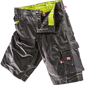 Bullstar Arbeitsshort Ultra, schwarz-lime, Gr. 54, mit vielen Taschen und hochgezogenem Bund.