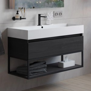 pianura Waschtisch mit Unterschrank Giulia Dark Wood 100 cm, Einzelwaschtisch mit schwarzer Griffleiste.