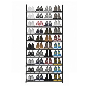 Schwarzes Songmics Schuhregal mit 10 Ebenen, gefüllt mit verschiedenen Schuhen.