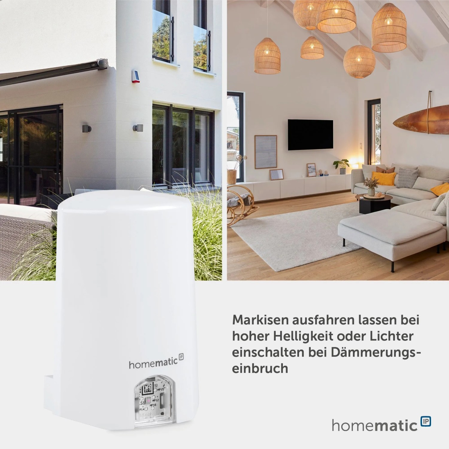 Weißer Homematic IP Lichtsensor außen. Steuert Markisen bei Sonne und schaltet Licht bei Dämmerung für Smart Home.
