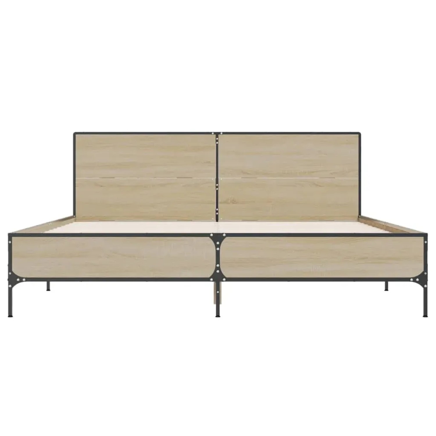 Bettgestell Sonoma-Eiche 140x200 cm aus Holzwerkstoff und Metall.