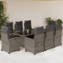 9-tlg. Garten-Essgruppe Grau Poly Rattan mit Tisch, 6 Stühlen und Kissen für Garten, Terrasse oder Balkon.