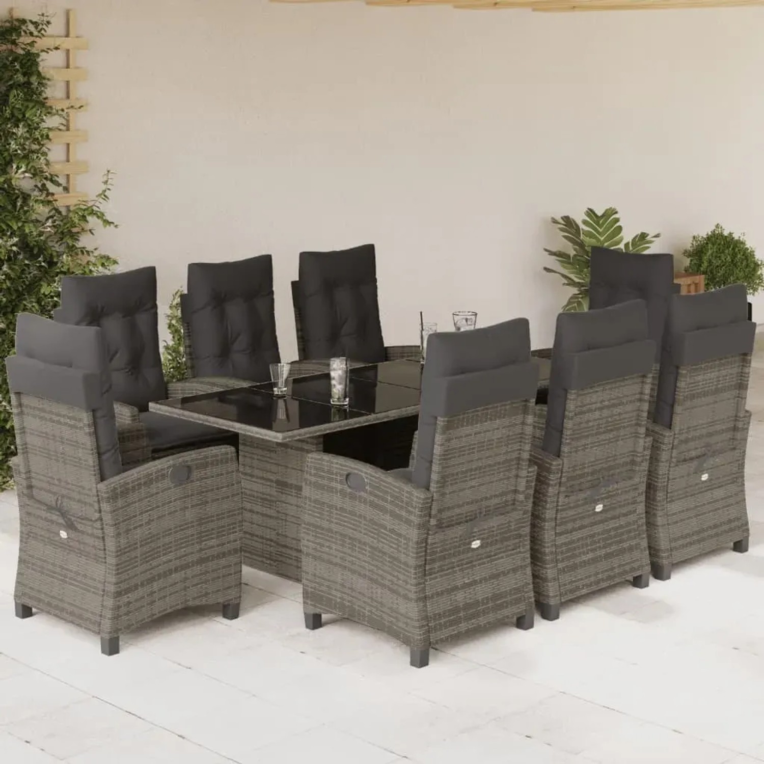 9-tlg. Garten-Essgruppe Grau Poly Rattan mit Tisch, 6 Stühlen und Kissen für Garten, Terrasse oder Balkon.