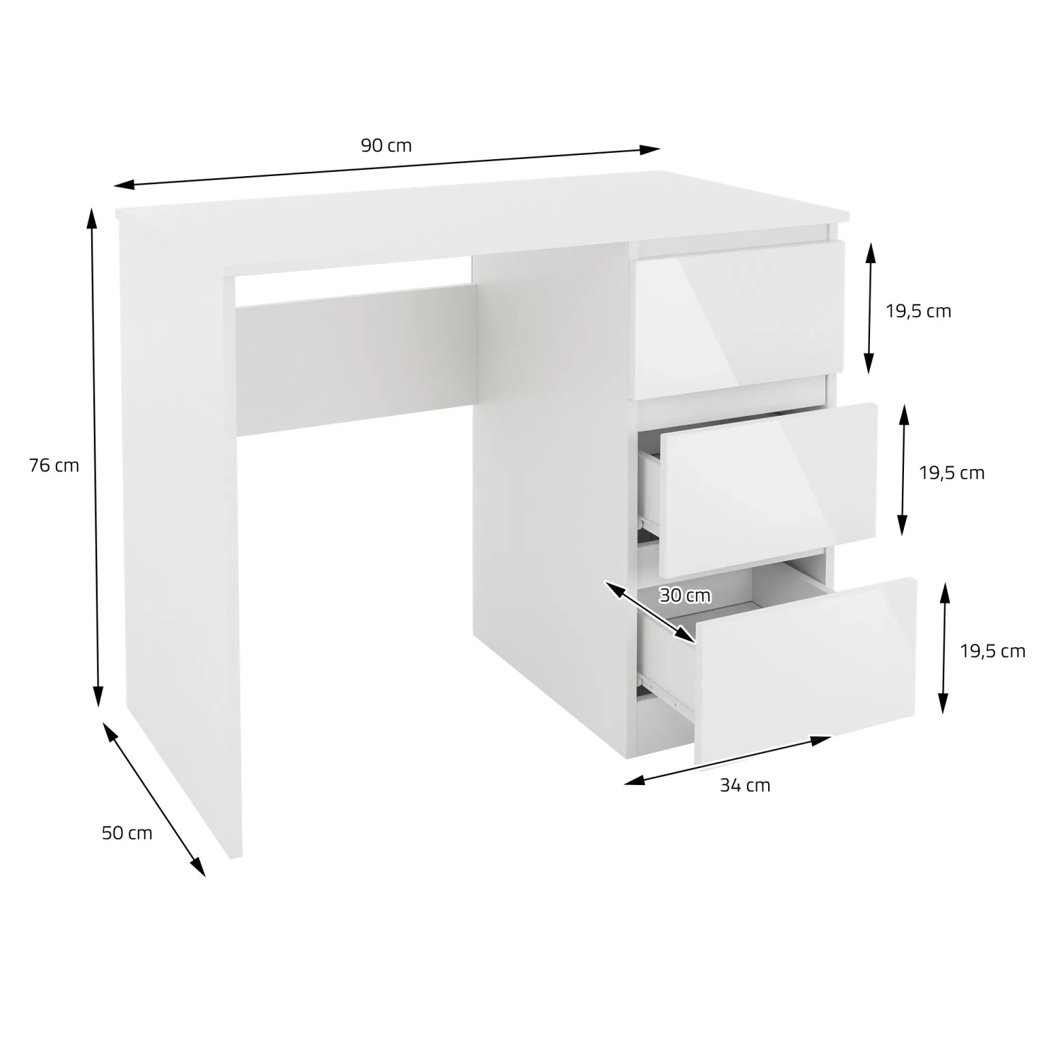 Weißer ML-Design Schreibtisch (90x76x50 cm) mit 3 Schubladen. Arbeitstisch für Büro oder Jugendzimmer.
