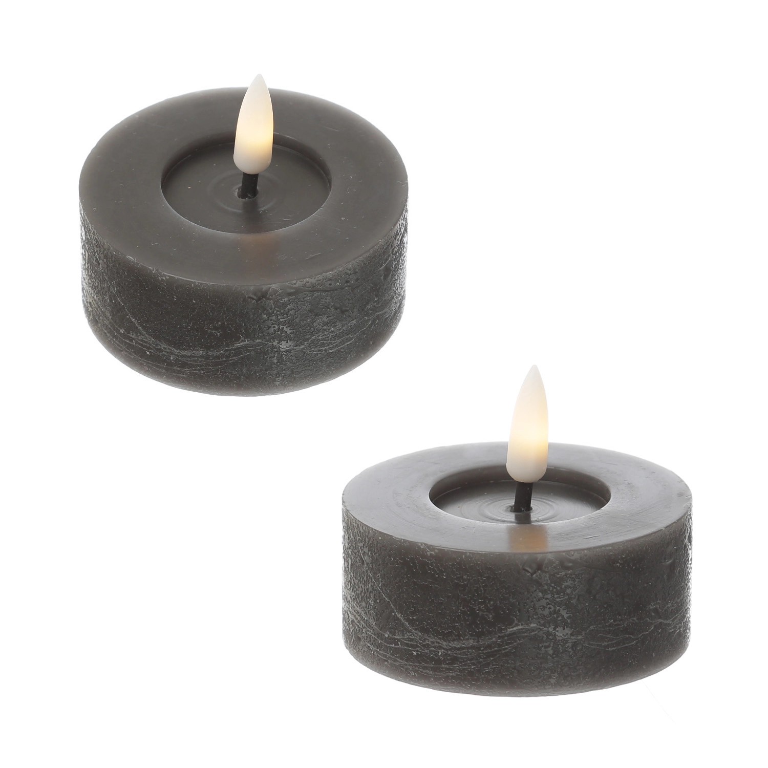 2 graue LED Teelichter in Rustik Optik, flackernd, aus Echtwachs, 7cm Durchmesser.