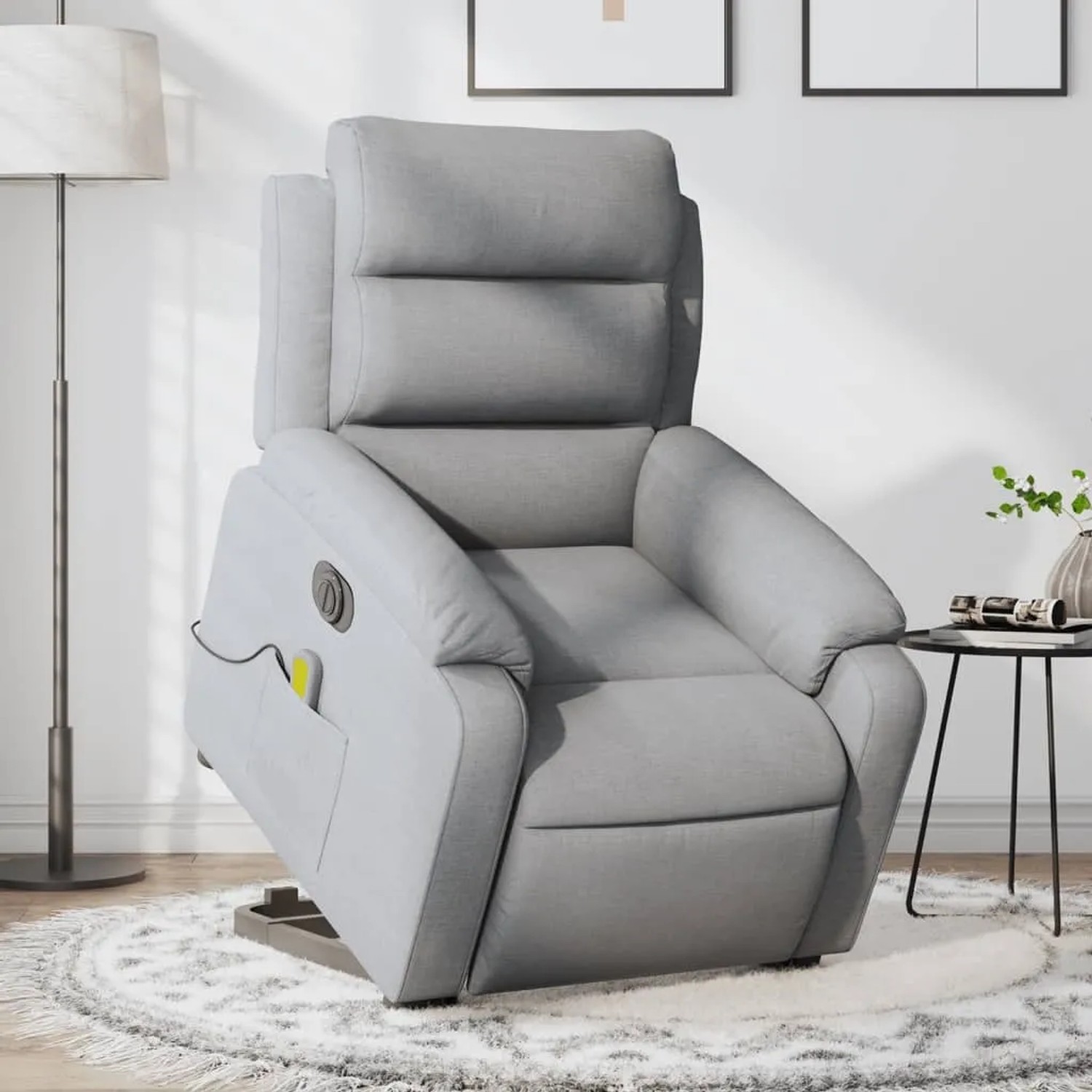 Elektrischer Massagesessel mit Aufstehhilfe, hellgrauer Stoff, Relaxsessel mit Vibrationsmassage und Aufstehfunktion.