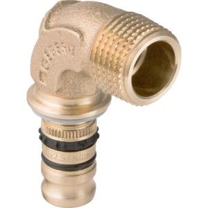 Geberit Mepla Übergangsbogen 90° mit Außengewinde, Messing, für Trinkwasser- und Heizungsinstallation.