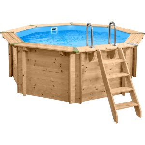 Holzpool Set Java, Ø 3,55 m, mit Leiter. Achtkant-Form, Holzverkleidung und blauer Innenfolie.