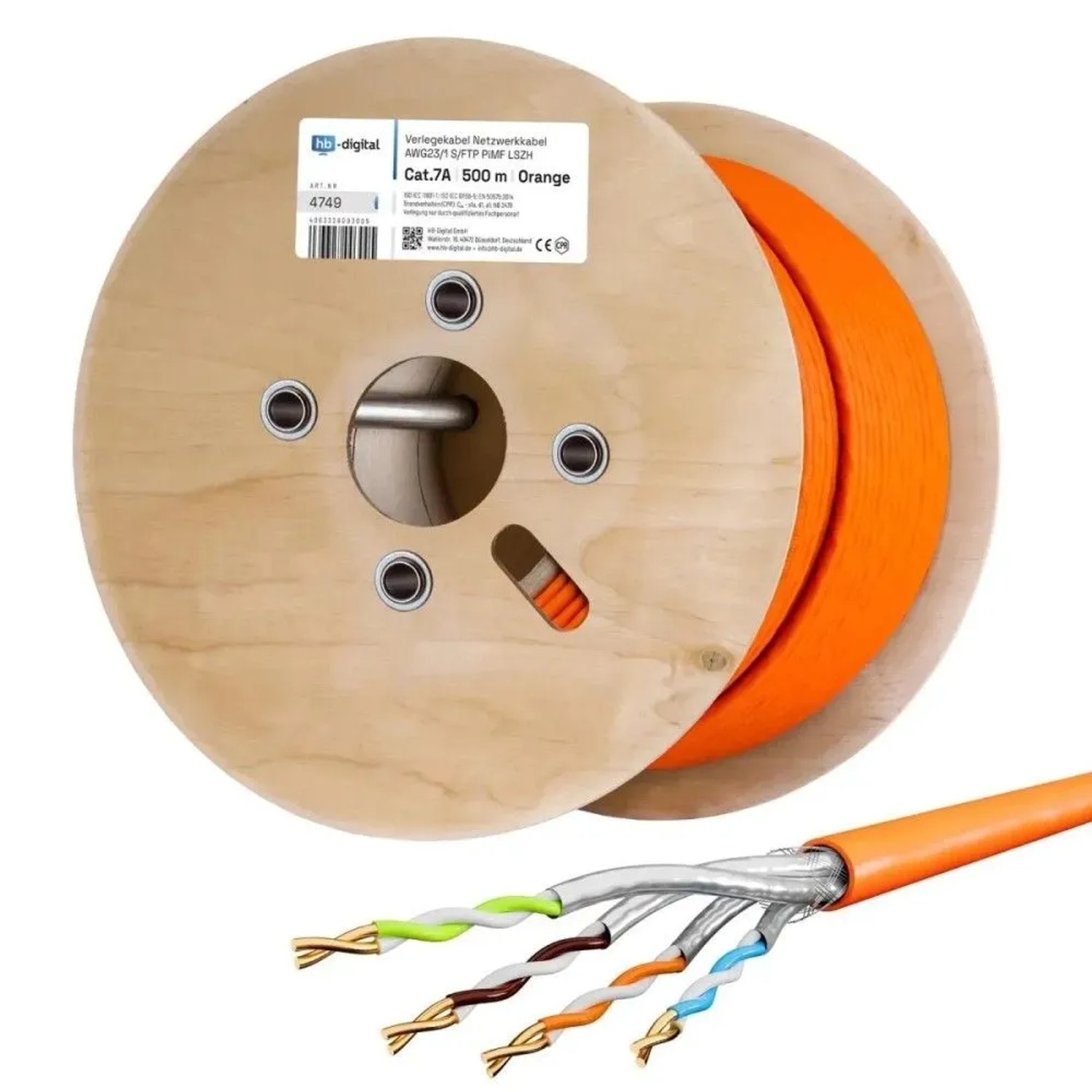 hb-digital Netzwerkkabel CAT 7a Verlegekabel max. 1200 MHz S/FTP AWG23 LSZH 500m Orange