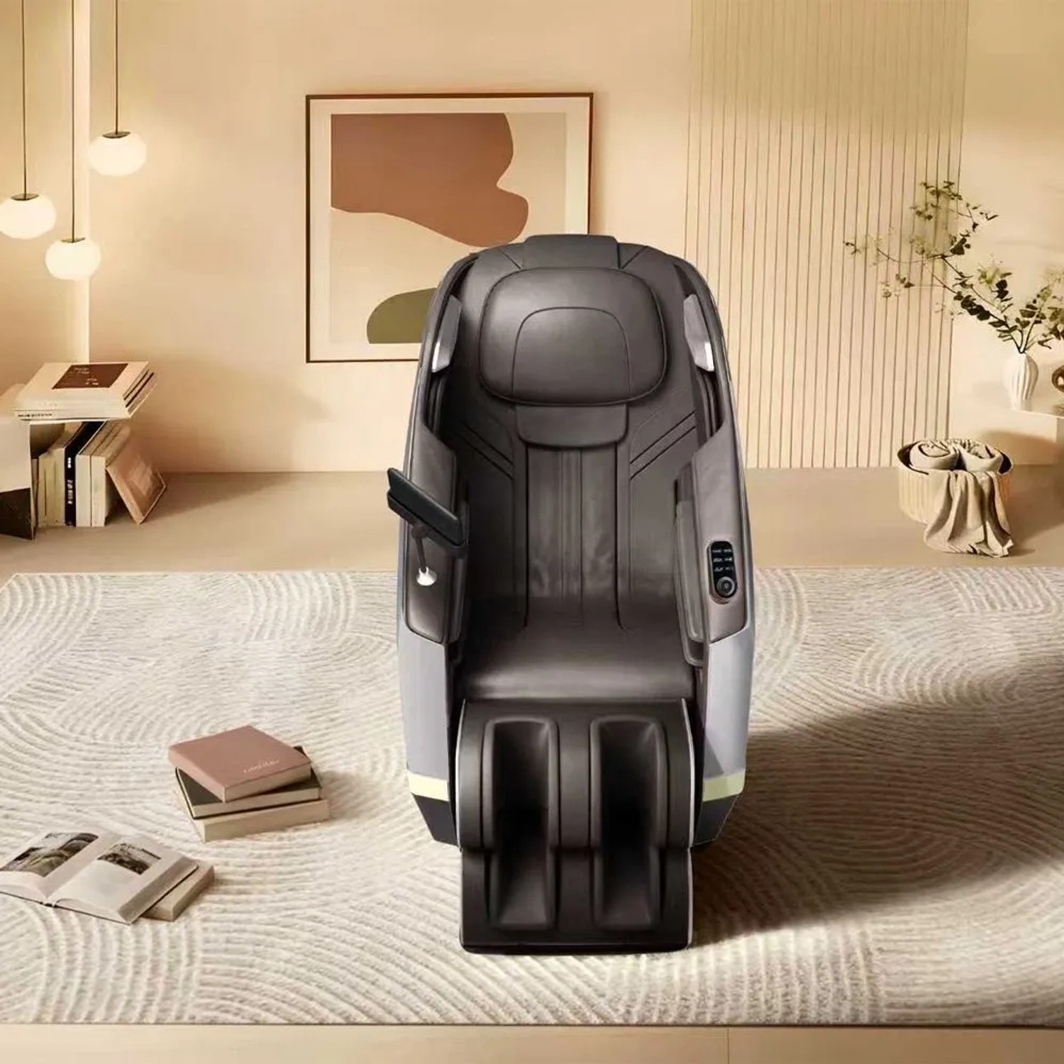 Grauer Massagesessel mit modernem Design und Kunstlederbezug. Zero-Gravity Liegesessel für Tiefenmassage und Entspannung im Wohnzimmer.