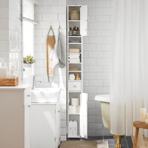 SoBuy Badezimmerschrank BZR34-W, weiß, mit Fächern und Schublade im Badezimmer.