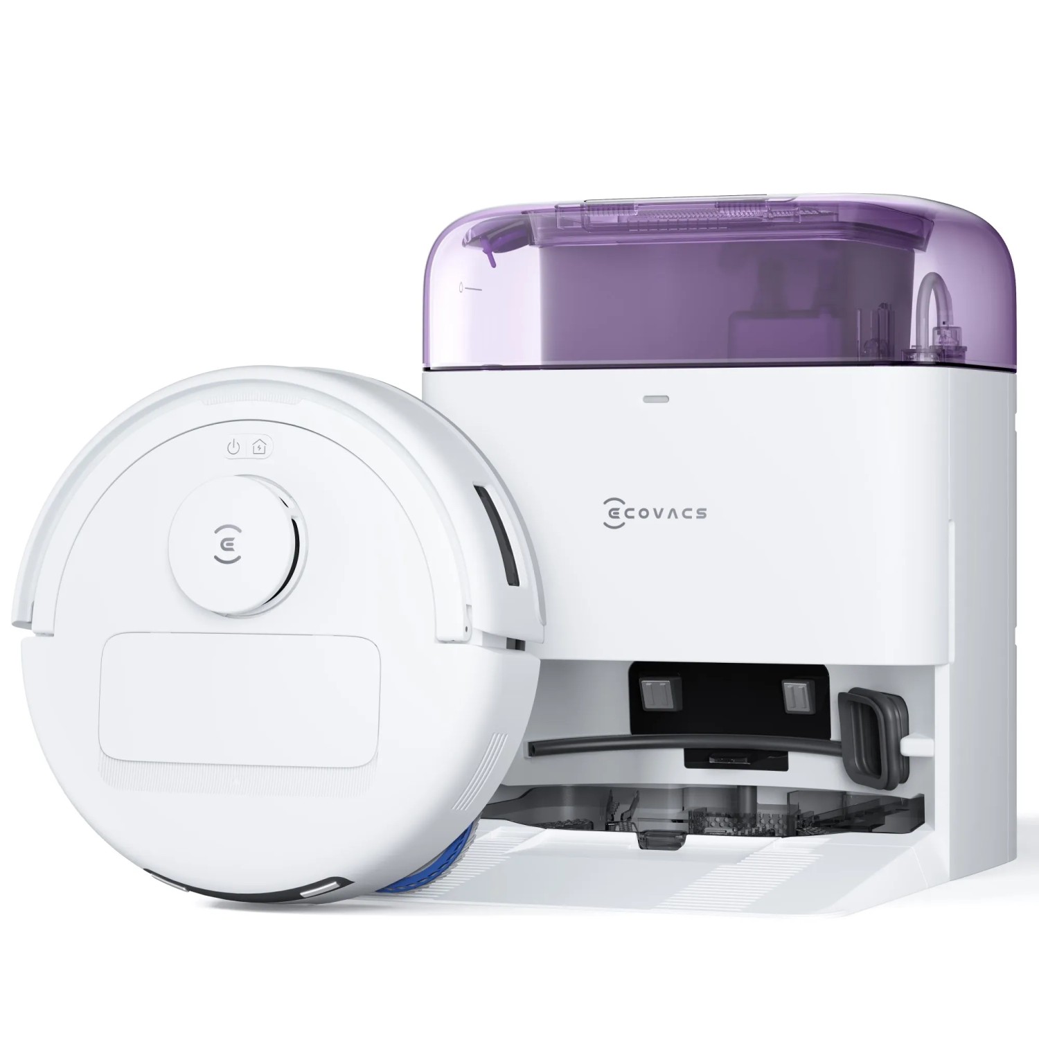 ECOVACS DEEBOT Mini Saug- und Wischroboter mit Reinigungsstation, lila Akzenten.