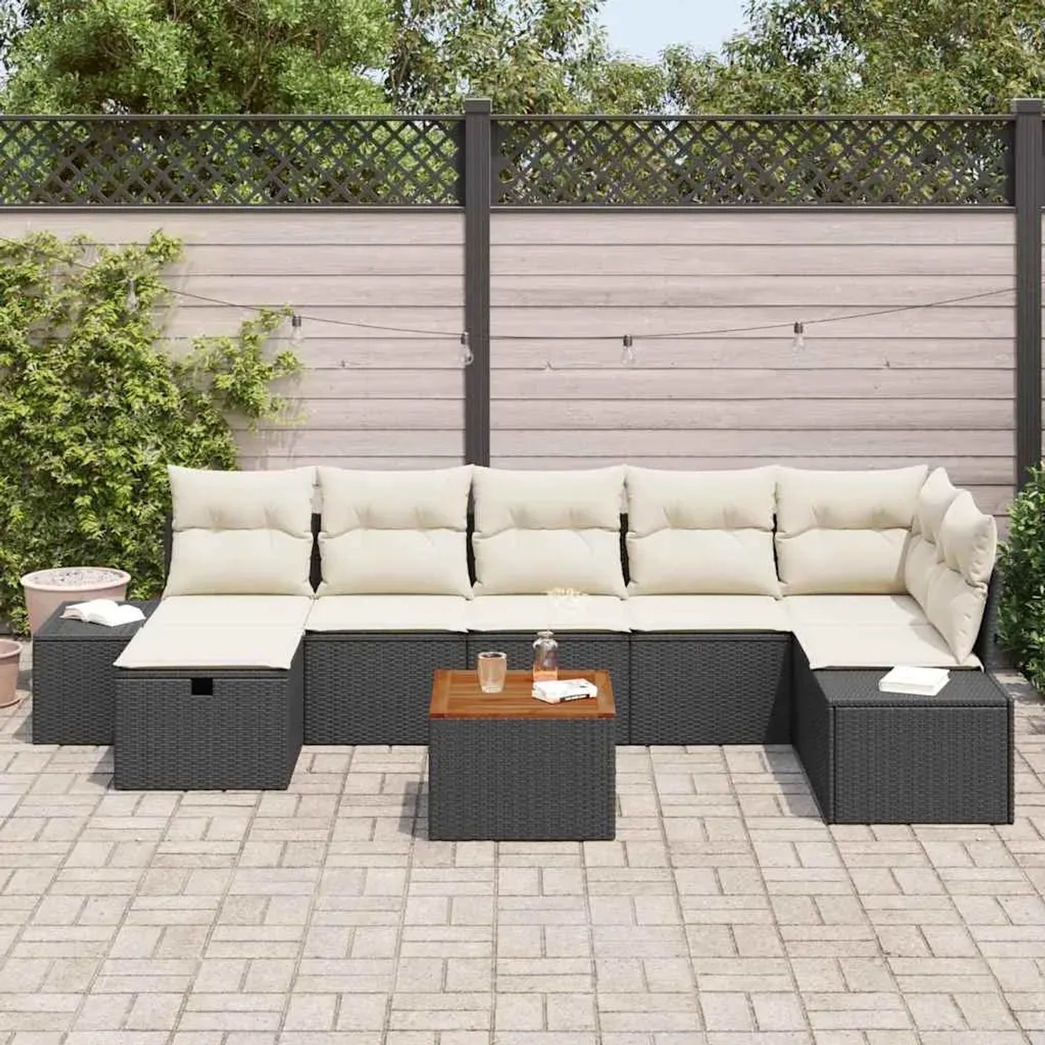 vidaXL Gartenmöbel-Set, 8-teilig, schwarz, Poly Rattan, mit Kissen.