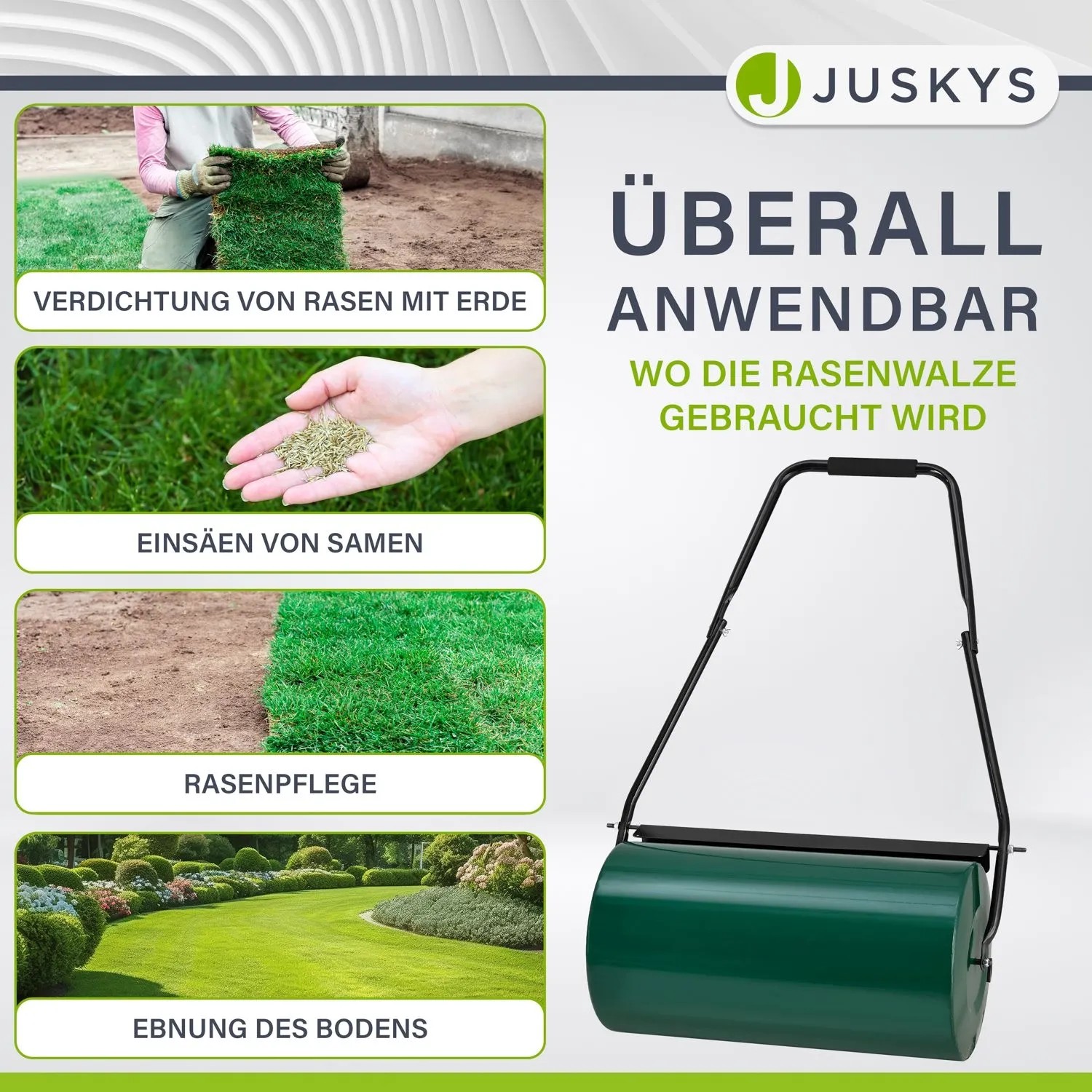 Juskys Rasenwalze Fritz, befüllbare Gartenwalze zum Ebnen und Verdichten von Rasen und Saatgut.