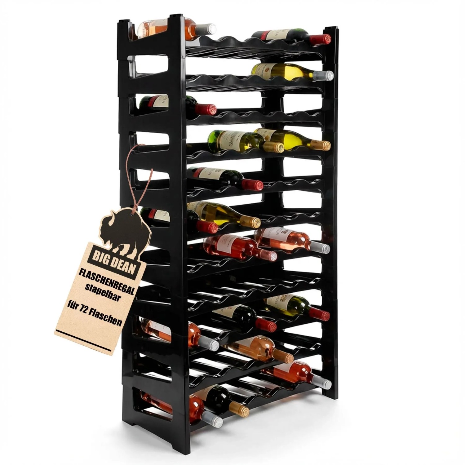 BigDean Flaschenregal Stapelbar Für 72Flaschen Weinregal Aus Kunststoff Schwarz Getränkeregal Flaschen Regalsystem Für Glas & PET Bis 1,5 Liter
