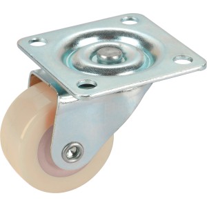 Weiße Möbelrolle, Ø 30 mm, mit Anschraubplatte für leichte Möbel.