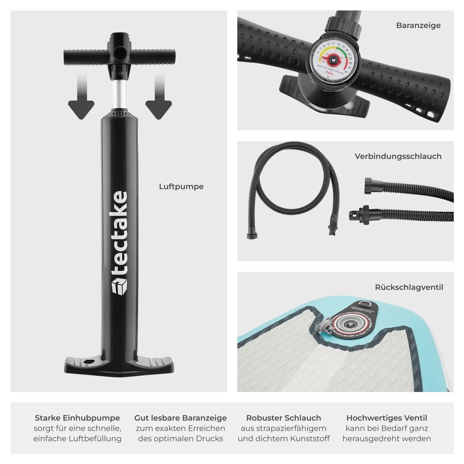 Zubehör für Tectake Stand Up Paddle Board: Luftpumpe, Manometer, Schlauch und Rückschlagventil.