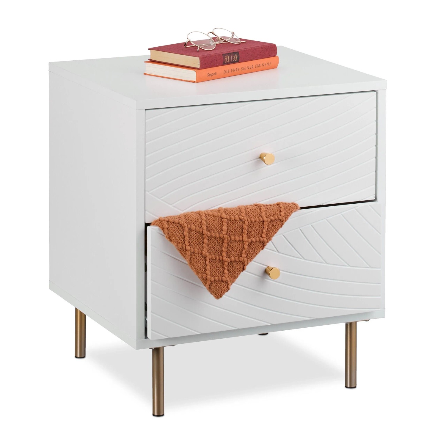 Relaxdays Nachttisch MDF Spanplatte Eisen Weiß Gold 2 Schubladen 52 cm x 45 cm x 40 cm 12,7 kg